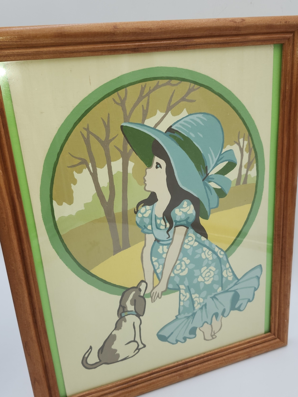 Vintage Paint By Number Girl Dog Framed Cottagecore Art Wall Garden 12x14